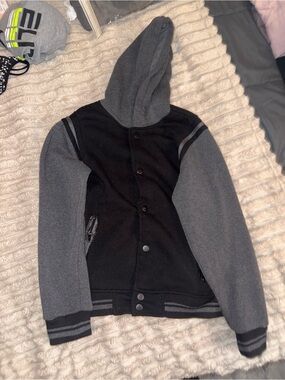 Ring of Fire Black and Gray Hooded Varsity Jacket Sweater